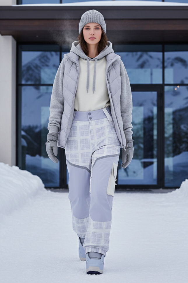 Pantalon De Ski Gris Motif Carreaux Ample Femme - Polyester
