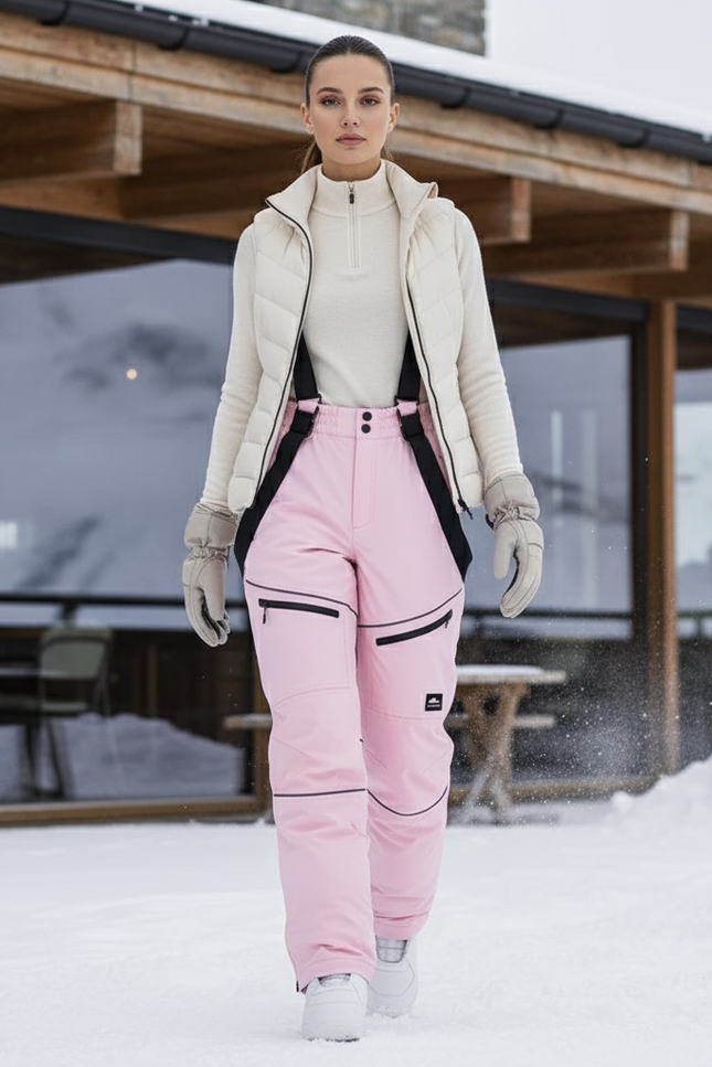 Pantalon De Ski Rose Femme Imperméable Bretelles Hiver - Polyester