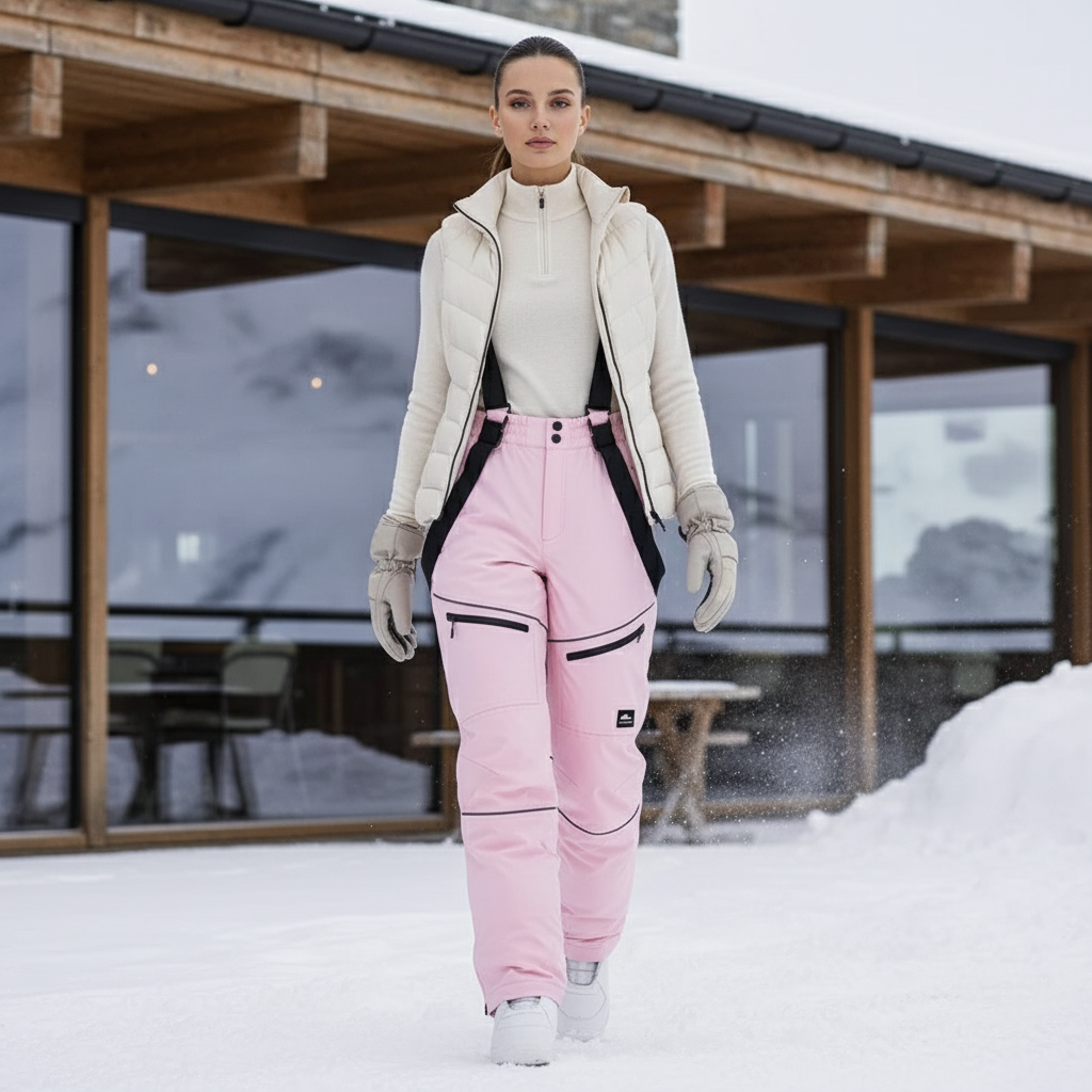 Pantalon De Ski Rose Femme Imperméable Bretelles Hiver - Polyester