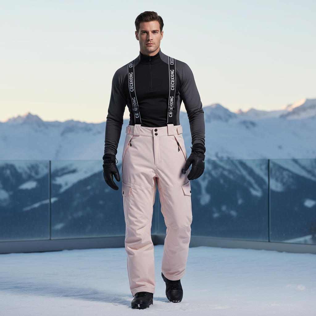 Pantalon De Ski Rose Poudré Imperméable Bretelles Homme - Polyester
