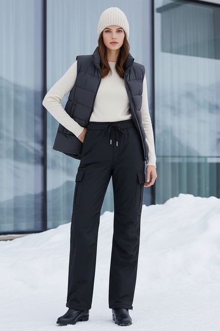 Pantalon De Ski Noir Cargo Imperméable Femme Chaud - Polyester