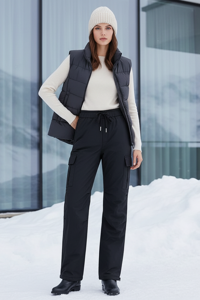 Pantalon De Ski Noir Cargo Imperméable Femme Chaud - Polyester