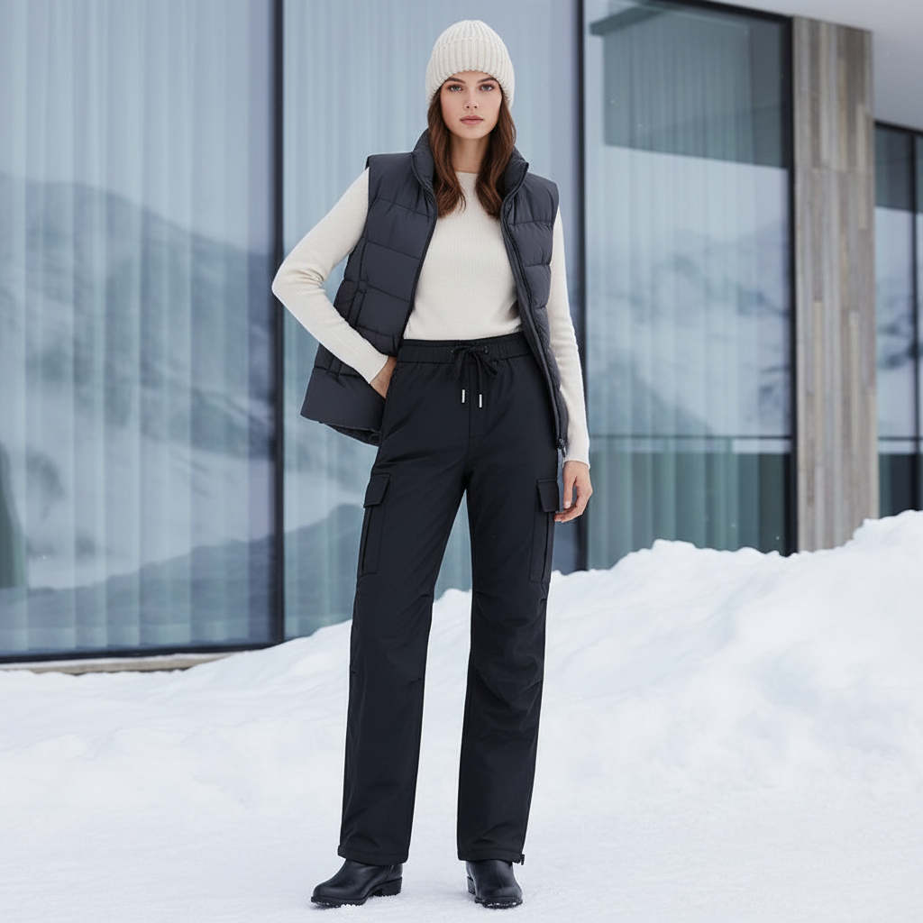 Pantalon De Ski Noir Cargo Imperméable Femme Chaud - Polyester