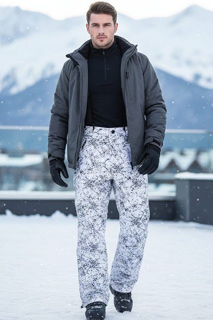 Pantalon De Ski Blanc Imprimé Noir Imperméable Homme - Polyester
