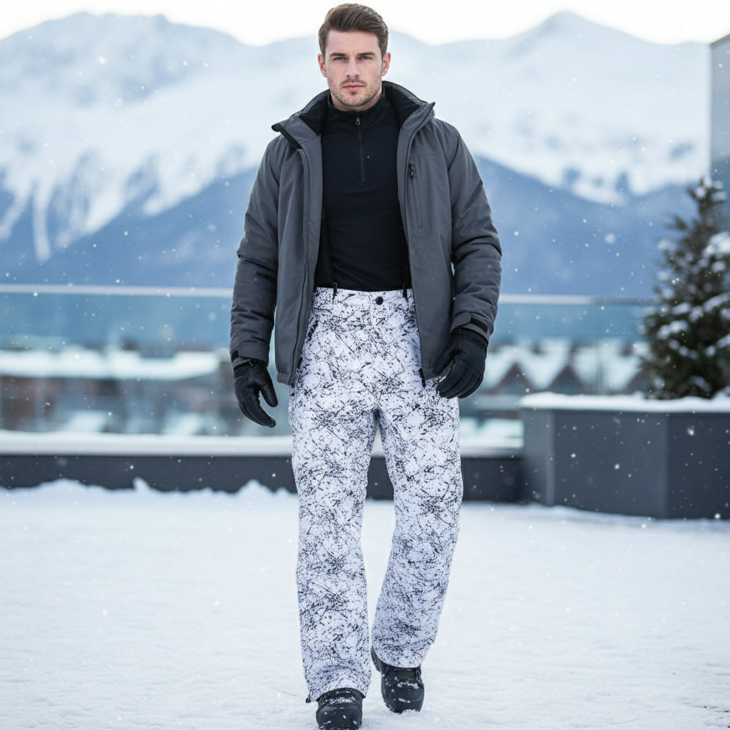 Pantalon De Ski Blanc Imprimé Noir Imperméable Homme - Polyester