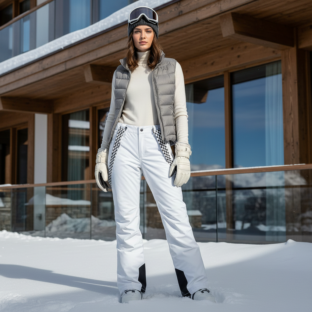 Pantalon De Ski Blanc Imperméable Bretelles Damier Femme - Polyester