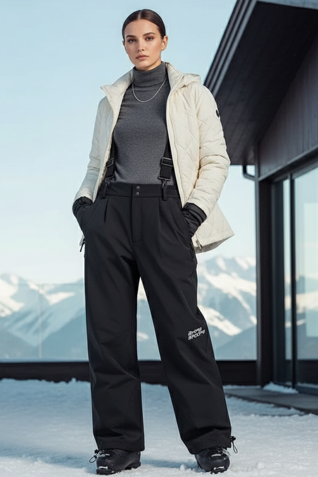 Pantalon De Ski Noir Ample Imperméable Unisexe Bretelles Hiver - Polyester