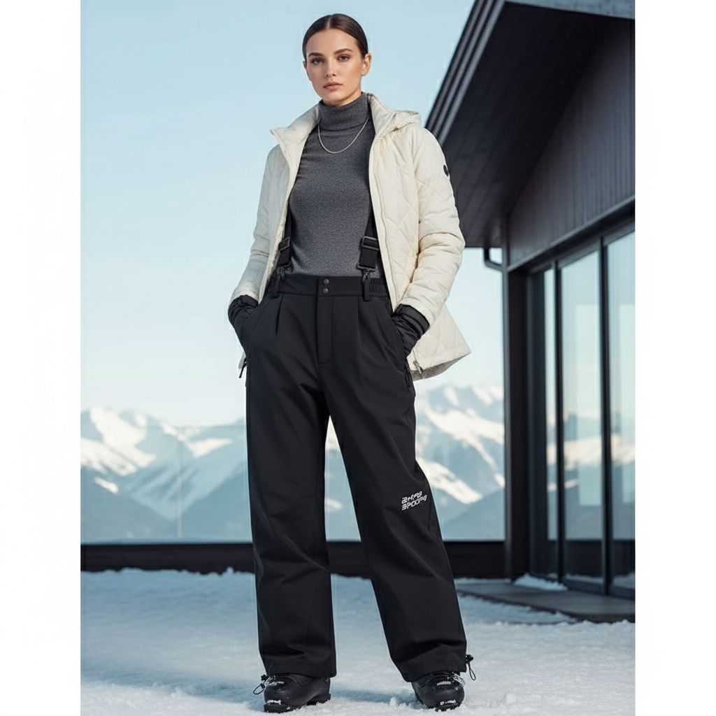 Pantalon De Ski Noir Ample Imperméable Unisexe Bretelles Hiver - Polyester