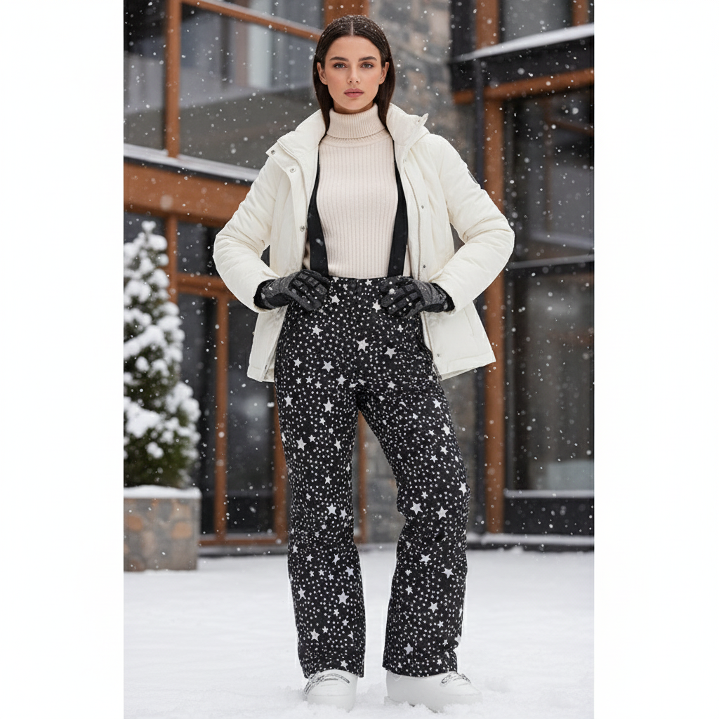Pantalon De Ski Noir Étoilé Imperméable Femme Hiver - Polyester
