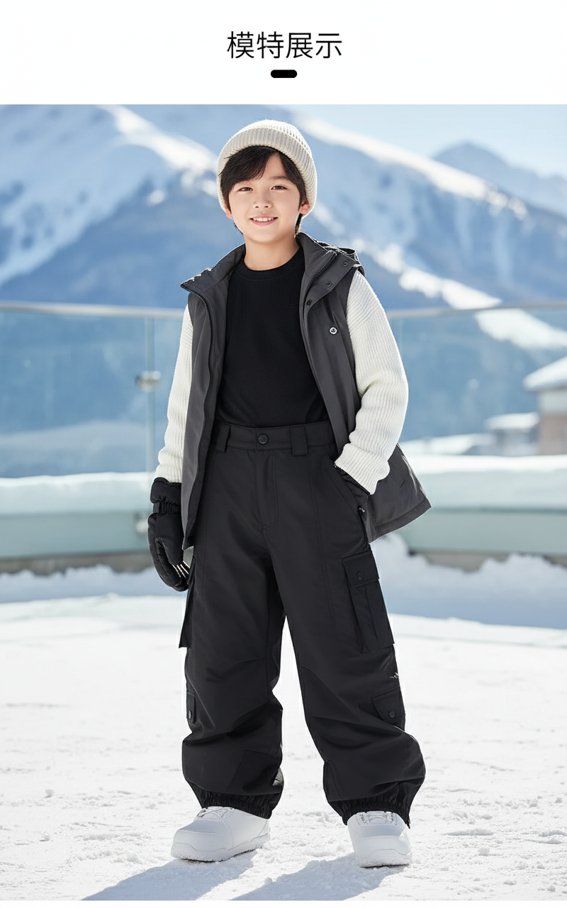 Pantalon De Ski Noir Ample Imperméable Cargo Enfant - Polyester