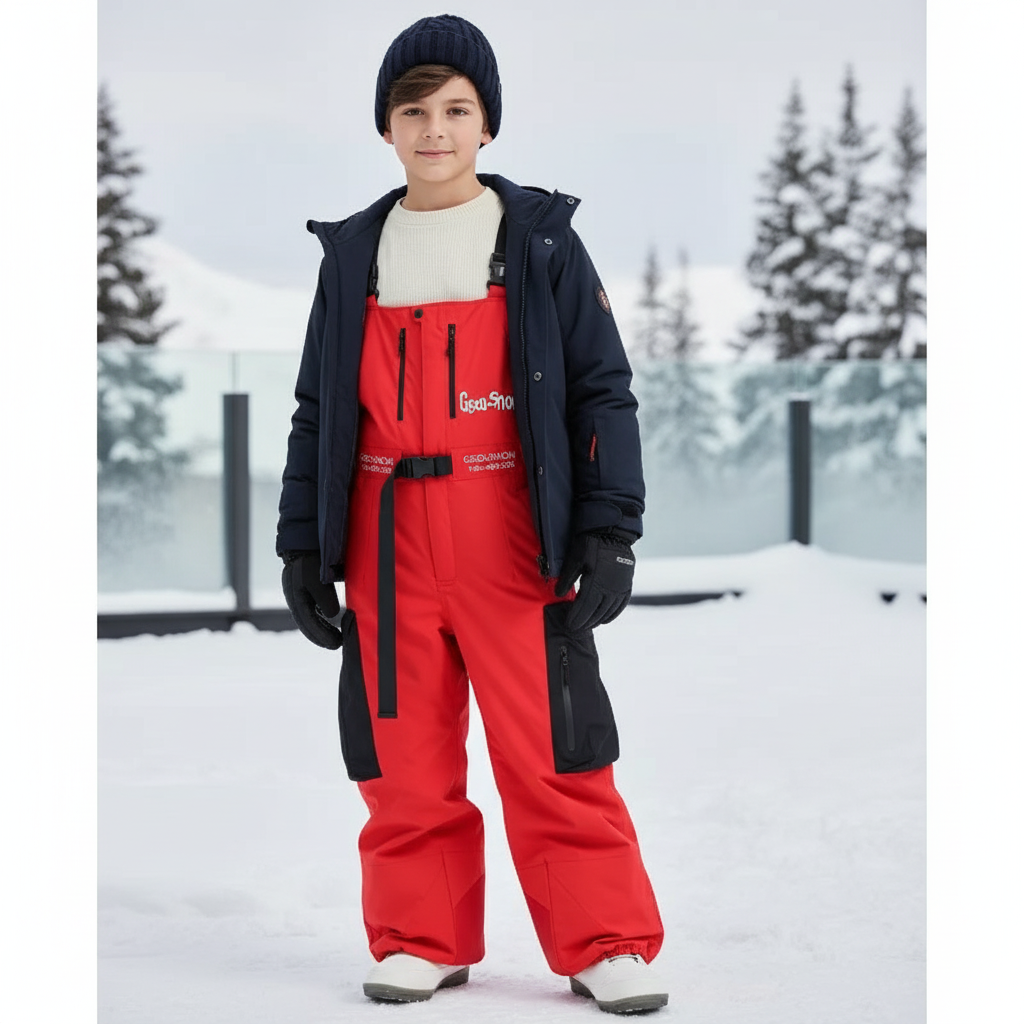 Pantalon De Ski Rouge Ample Bretelles Imperméable Enfant Hiver - Polyester