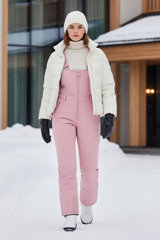 Pantalon De Ski Rose Poudré Bretelles Imperméable Femme - Polyester