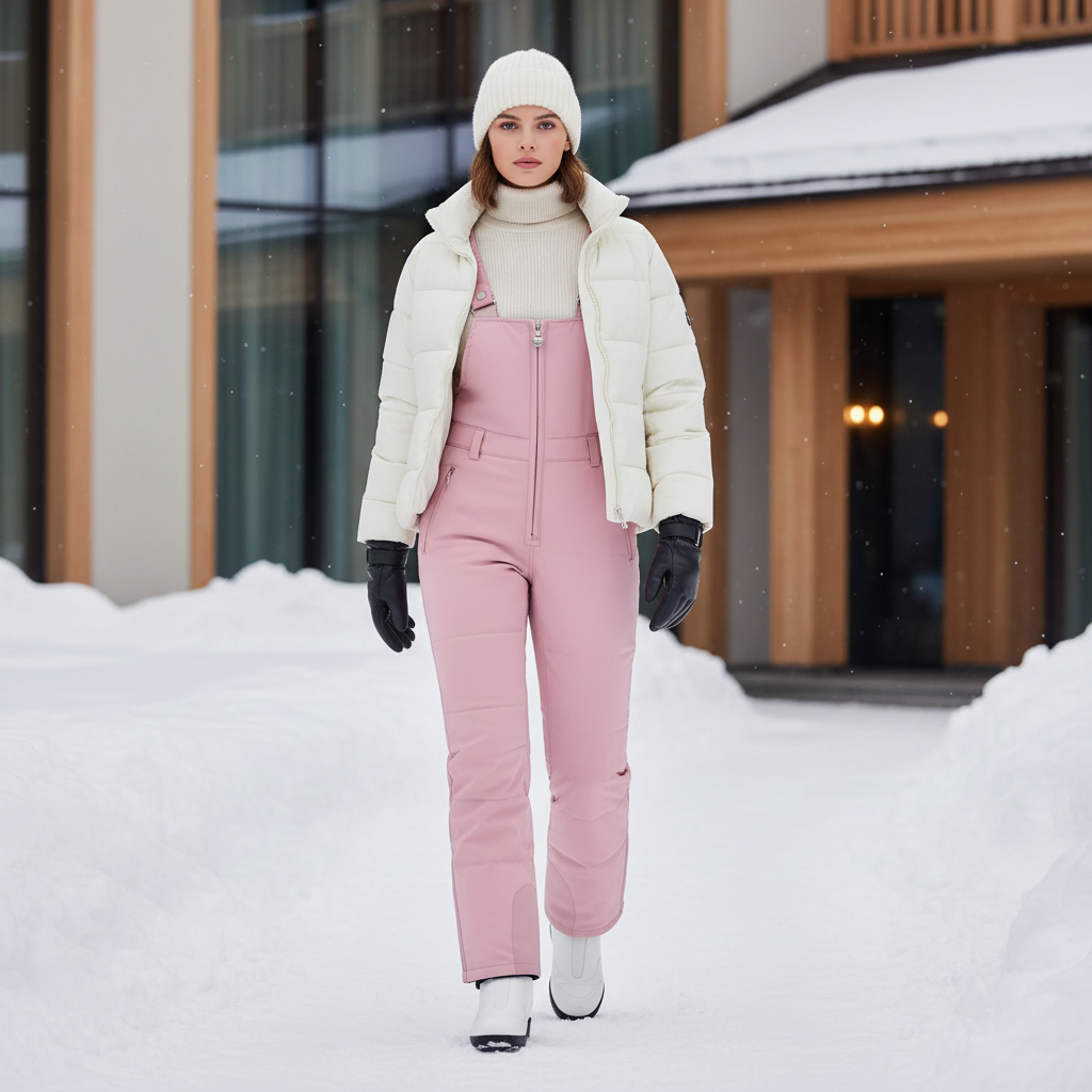 Pantalon De Ski Rose Poudré Bretelles Imperméable Femme - Polyester