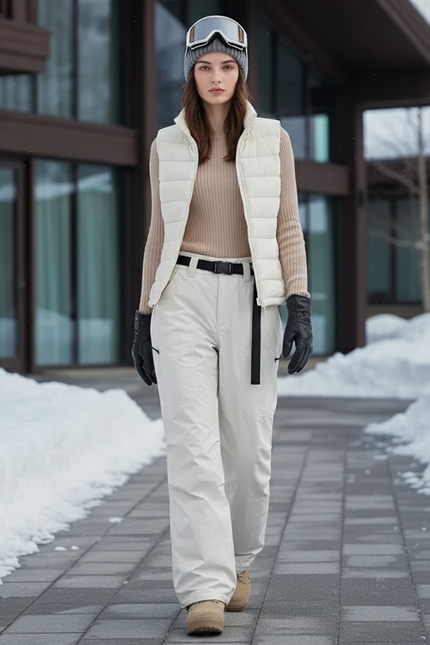 Pantalon De Ski Imperméable Blanc Cassé Droit Unisexe Chaud - Polyester