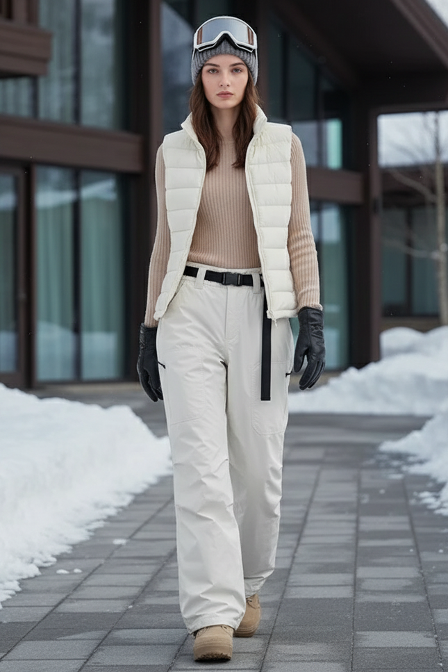 Pantalon De Ski Imperméable Blanc Cassé Droit Unisexe Chaud - Polyester