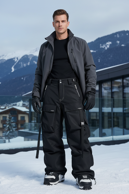 Pantalon De Ski Noir Cargo Ample Imperméable Homme Hiver - Polyester
