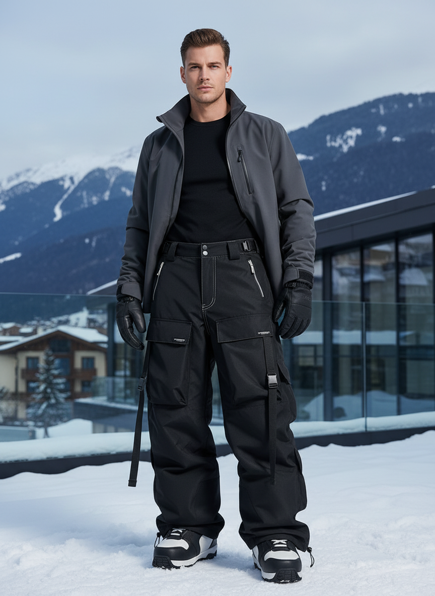 Pantalon De Ski Noir Cargo Ample Imperméable Homme Hiver - Polyester