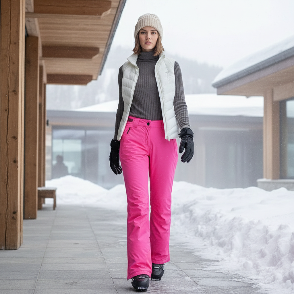 Pantalon De Ski Rose Vif Imperméable Coupe Droite Femme Hiver - Polyester