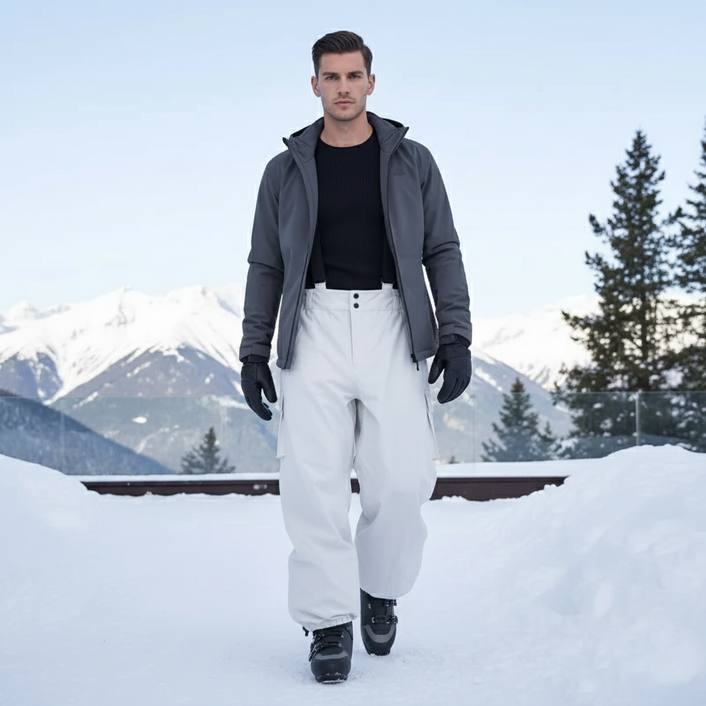 Pantalon De Ski Blanc Imperméable Homme Ample Bretelles - Polyester