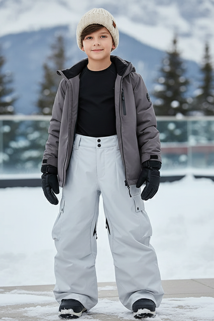 Pantalon De Ski Gris Clair Ample Imperméable Cargo Enfant - Polyester