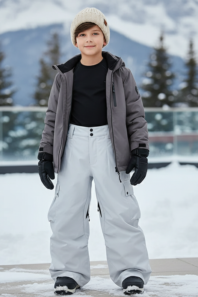 Pantalon De Ski Gris Clair Ample Imperméable Cargo Enfant - Polyester