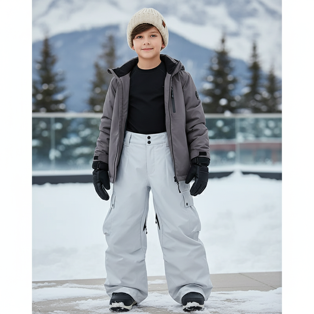 Pantalon De Ski Gris Clair Ample Imperméable Cargo Enfant - Polyester