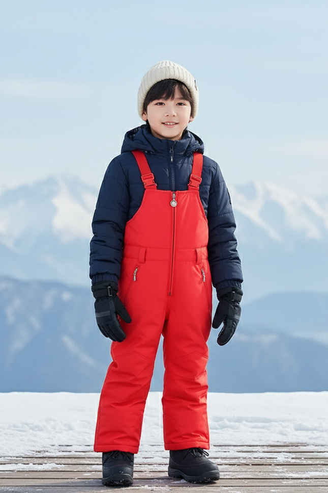 Pantalon De Ski Enfant Rouge Bretelles Imperméable Matelassé - Polyester