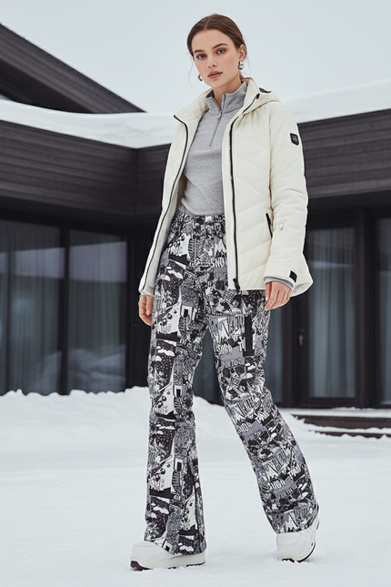 Pantalon De Ski Imprimé Graphique Noir Blanc Ample Femme - Polyester