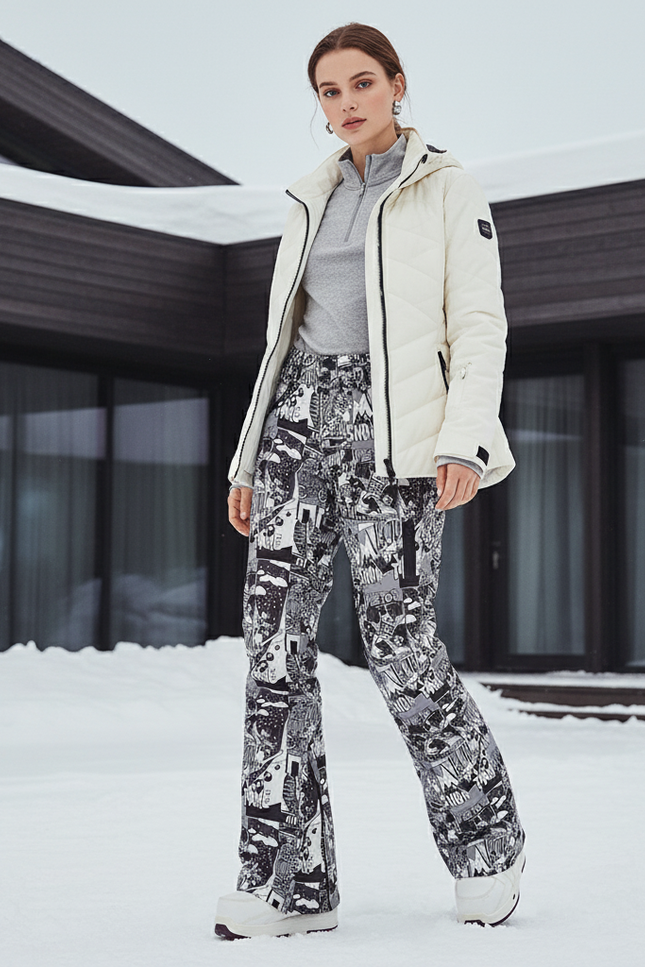 Pantalon De Ski Imprimé Graphique Noir Blanc Ample Femme - Polyester