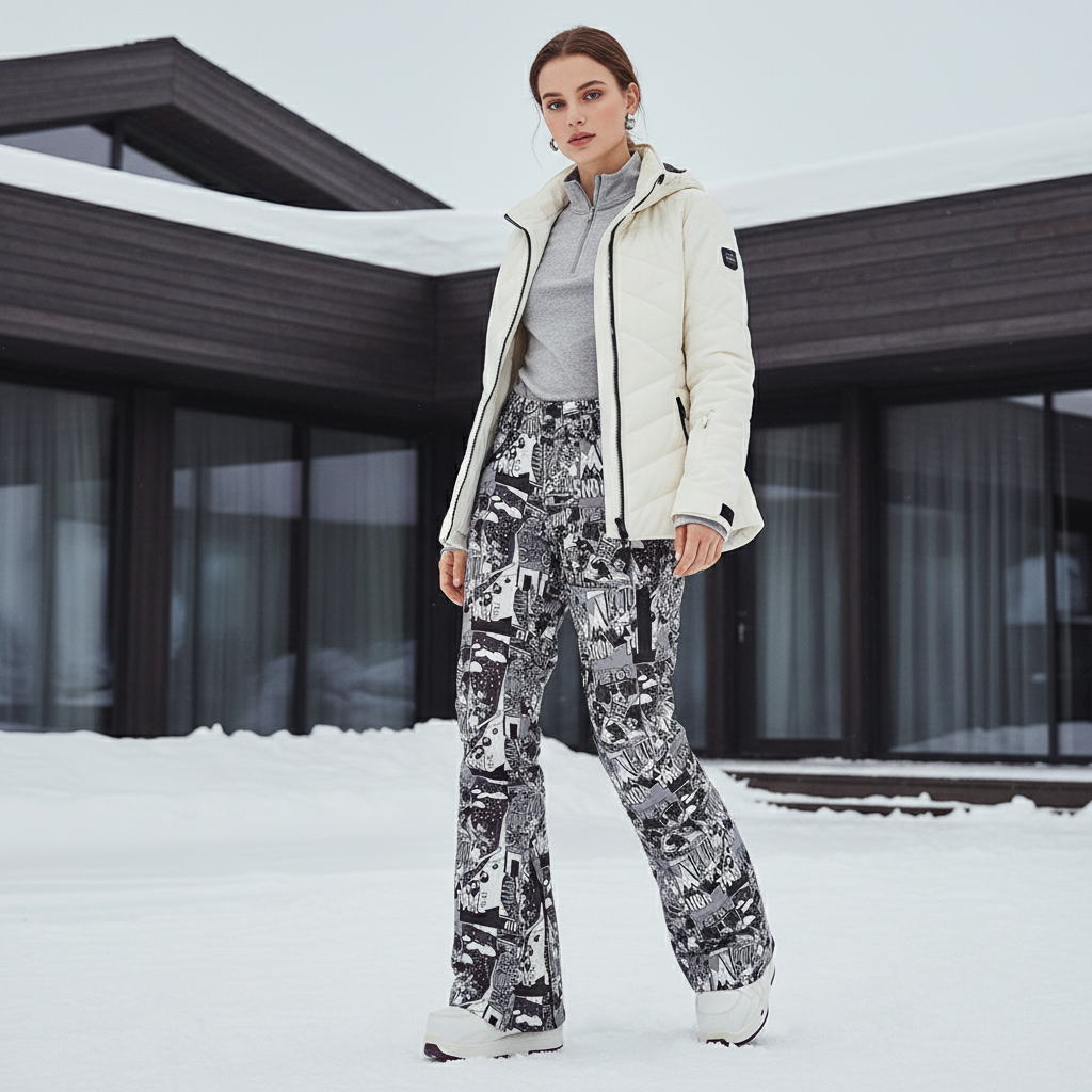 Pantalon De Ski Imprimé Graphique Noir Blanc Ample Femme - Polyester