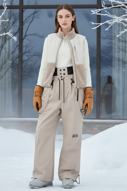 Pantalon De Ski Beige Ample Imperméable Bretelles Femme Hiver - Polyester