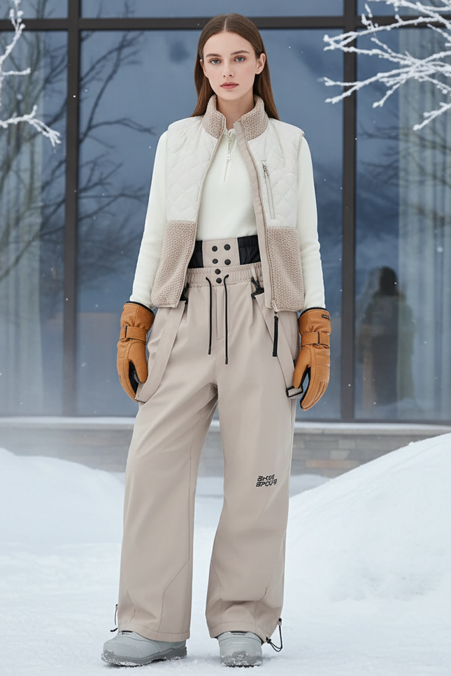 Pantalon De Ski Beige Ample Imperméable Bretelles Femme Hiver - Polyester