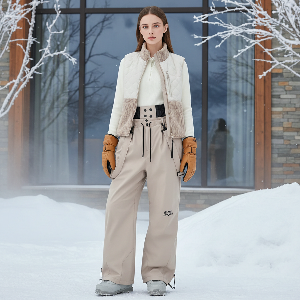 Pantalon De Ski Beige Ample Imperméable Bretelles Femme Hiver - Polyester