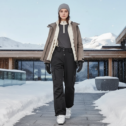 Pantalon De Ski Noir Cargo Droit Imperméable Femme Hiver - Polyester