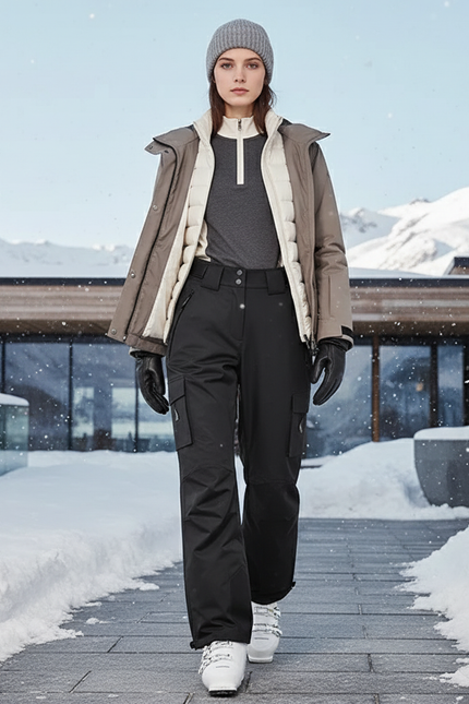 Pantalon De Ski Noir Cargo Droit Imperméable Femme Hiver - Polyester