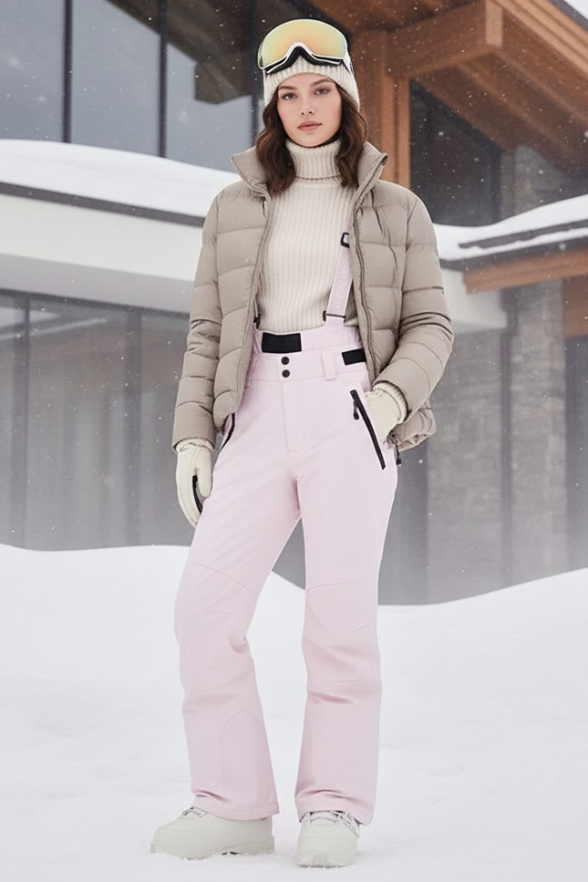 Pantalon De Ski Rose Clair Imperméable Femme Taille Haute - Polyester