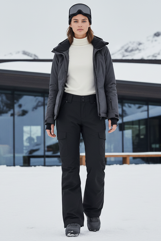 Pantalon De Ski Noir Cargo Imperméable Hiver Femme - Polyester
