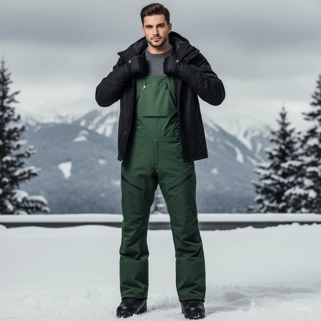Pantalon De Ski Vert Bretelles Imperméable Homme Hiver - Polyester