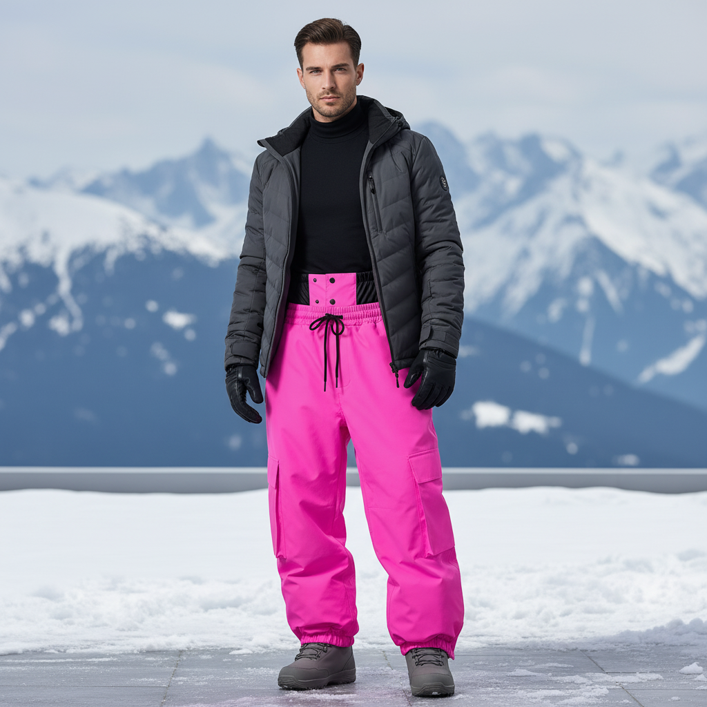 Pantalon De Ski Rose Vif Ample Imperméable Cargo - Polyester