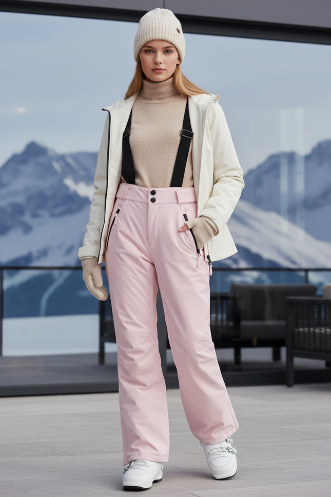 Pantalon De Ski Rose Pâle Coupe Droite Imperméable Bretelles - Polyester