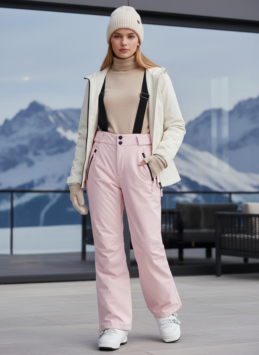 Pantalon De Ski Rose Pâle Coupe Droite Imperméable Bretelles - Polyester