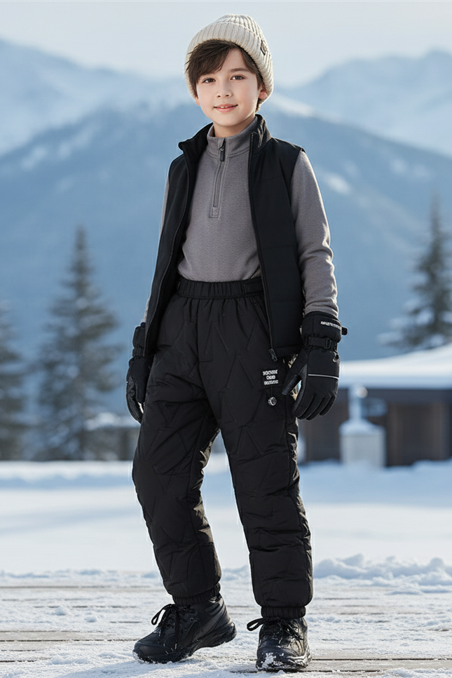 Pantalon De Ski Enfant Noir Matelassé Épais Chaud - Polyester