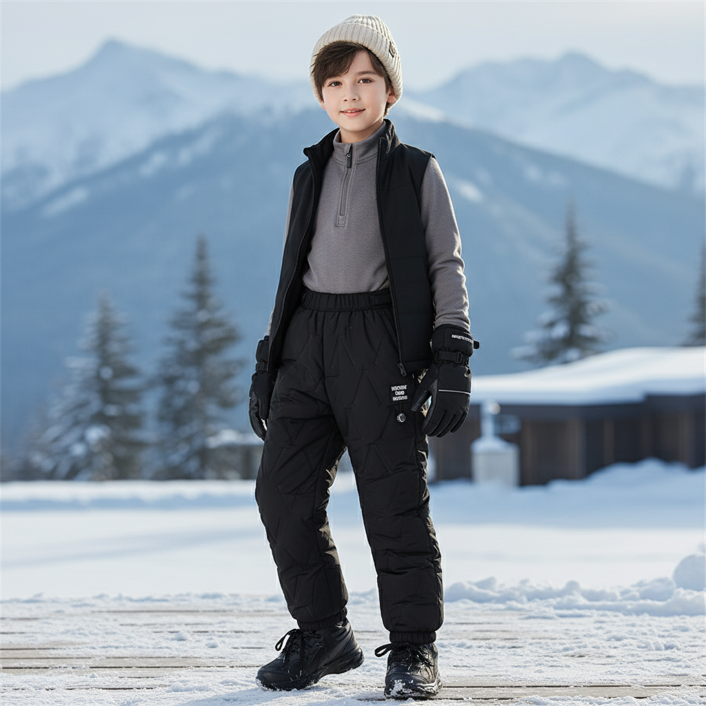 Pantalon De Ski Enfant Noir Matelassé Épais Chaud - Polyester