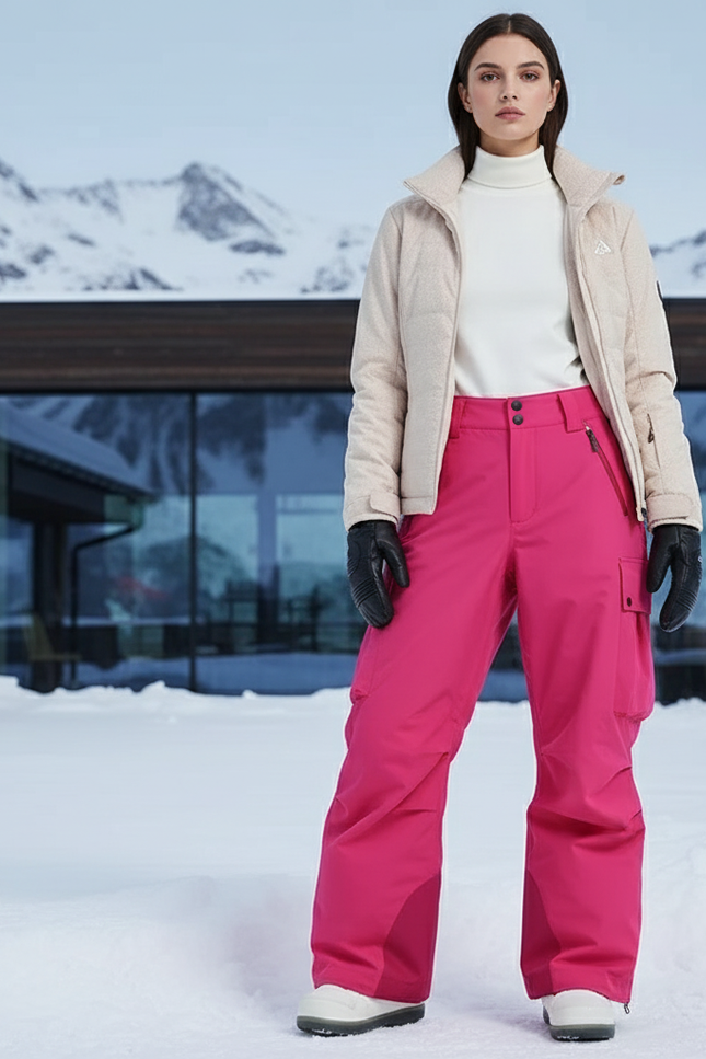 Pantalon De Ski Rose Cargo Ample Imperméable Femme - Polyester