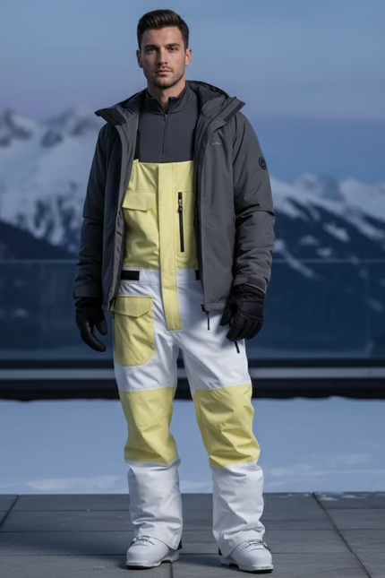 Pantalon De Ski Blanc Jaune Bretelles Ample Imperméable Homme - Multicolore Polyester