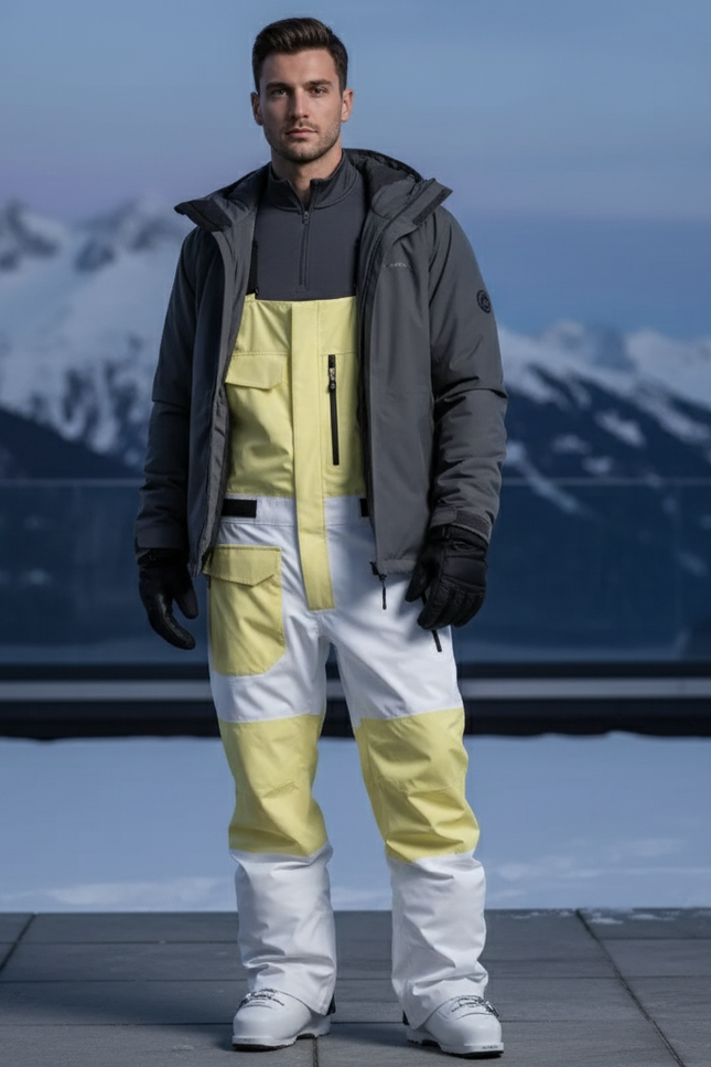 Pantalon De Ski Blanc Jaune Bretelles Ample Imperméable Homme - Multicolore Polyester