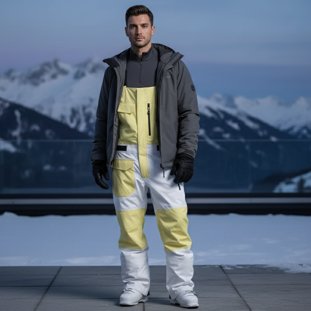 Pantalon De Ski Blanc Jaune Bretelles Ample Imperméable Homme - Multicolore Polyester