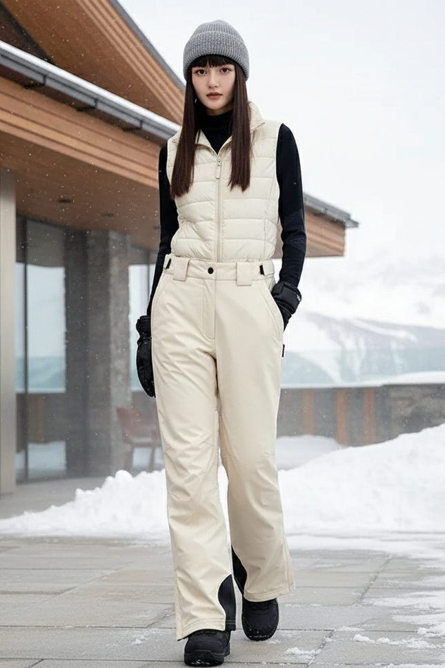 Pantalon De Ski Crème Imperméable Évasé Doublé Femme - Beige Polyester