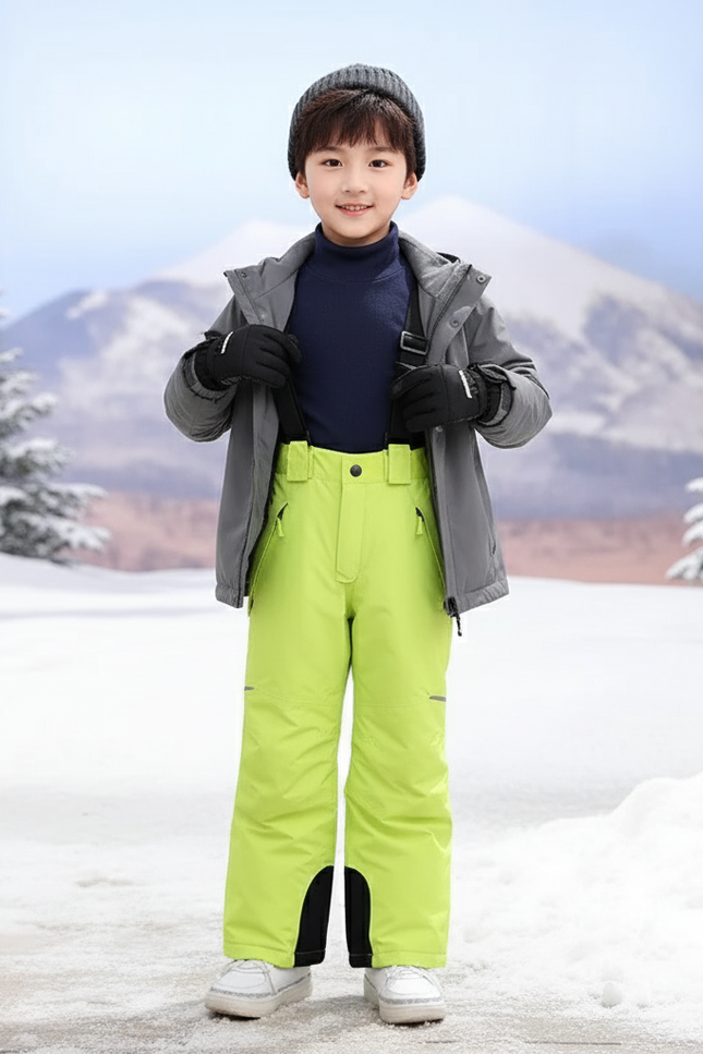 Pantalon De Ski Enfant Vert Fluorescent Bretelles Imperméable - Polyester
