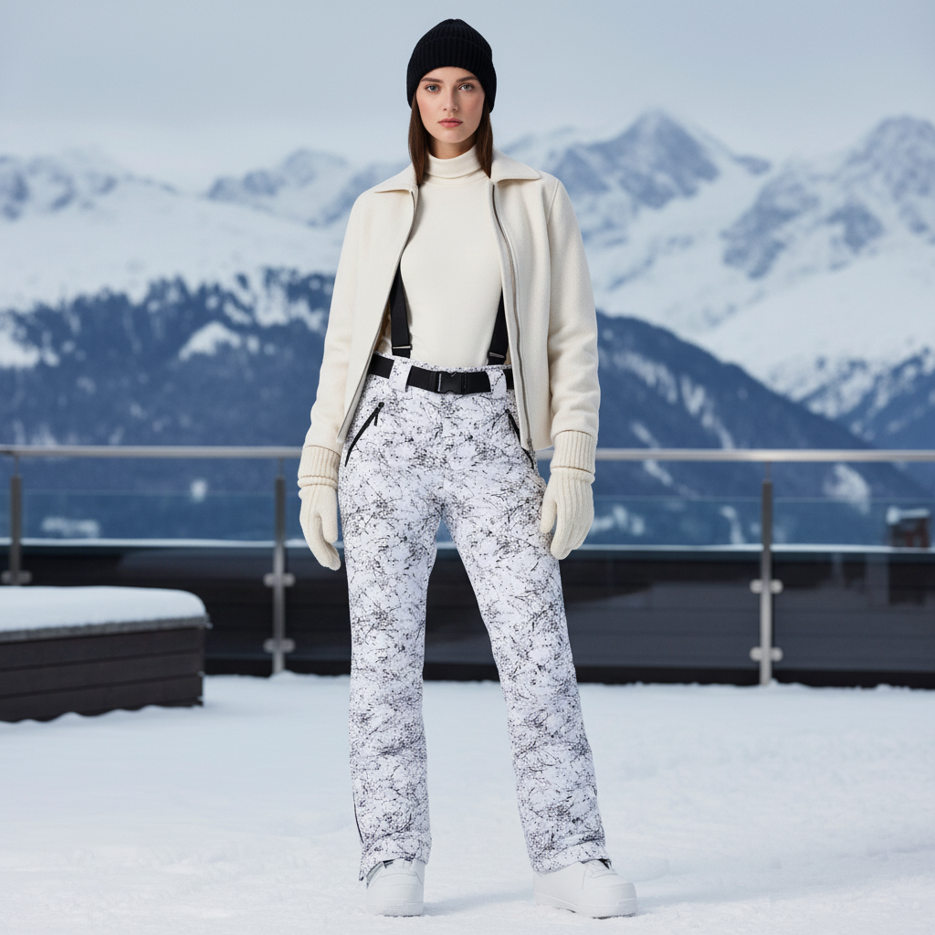 Pantalon De Ski Imprimé Éclaboussures Blanc Noir Bretelles Femme - Polyester